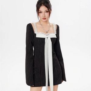 Y2K Striped Lace Bow Mini Dress - Retro Summer Fashion Essential