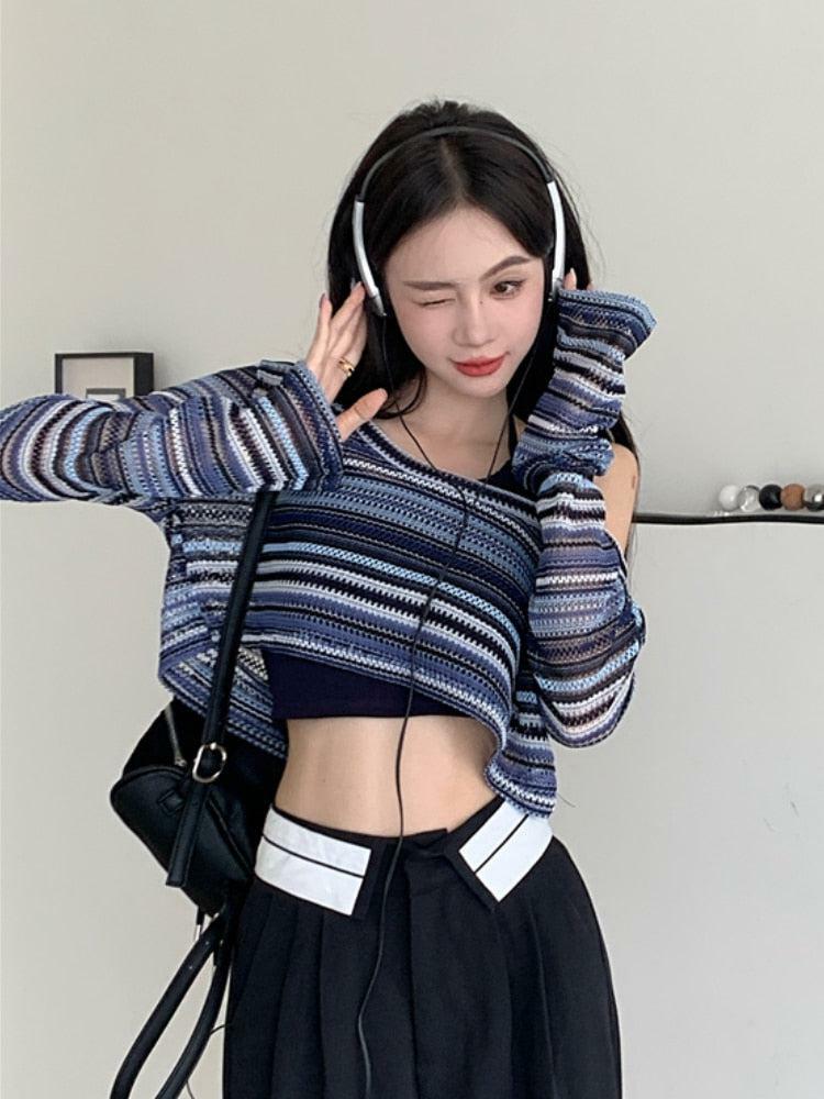 Y2K Striped Wide Neck Crop Sweater for Retro Summer Outfits