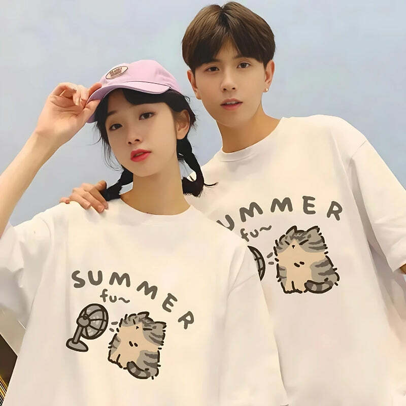 Y2K Summer Cat Tee: Retro 90s Grunge Outfit for Trendy Women