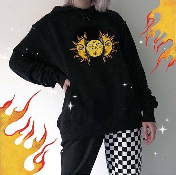 Y2K Sun Moon Face Hoodie - Retro Grunge Style for Summer Vibes