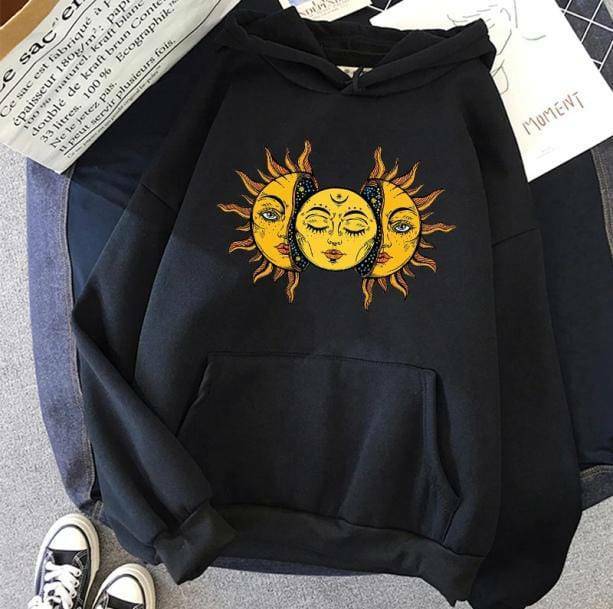 Y2K Sun Moon Face Hoodie - Retro Grunge Style for Summer Vibes