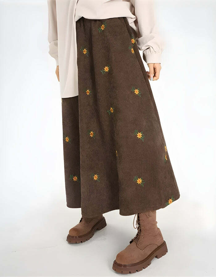 Y2K Sunflower Embroidered Corduroy Maxi Skirt for Retro Summer Vibes