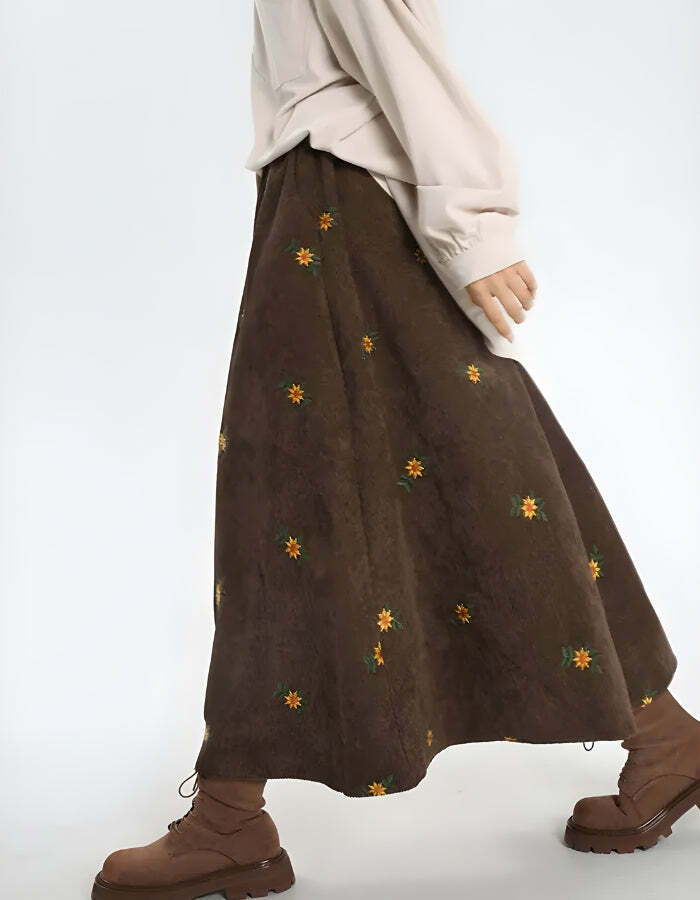 Y2K Sunflower Embroidered Corduroy Maxi Skirt for Retro Summer Vibes