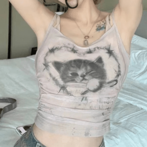 Y2K Sweet Kitty Crop Top - Retro 90s Grunge Summer Outfit Essential