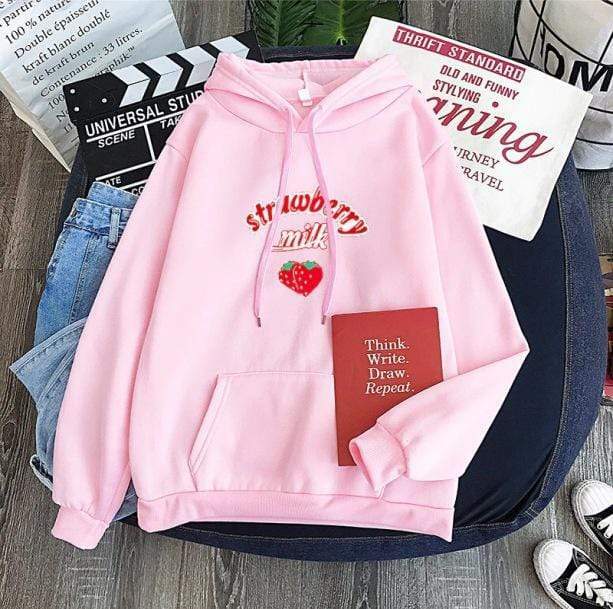 Y2K Sweet Strawberry Milk Hoodie - Retro 90s Grunge Summer Style