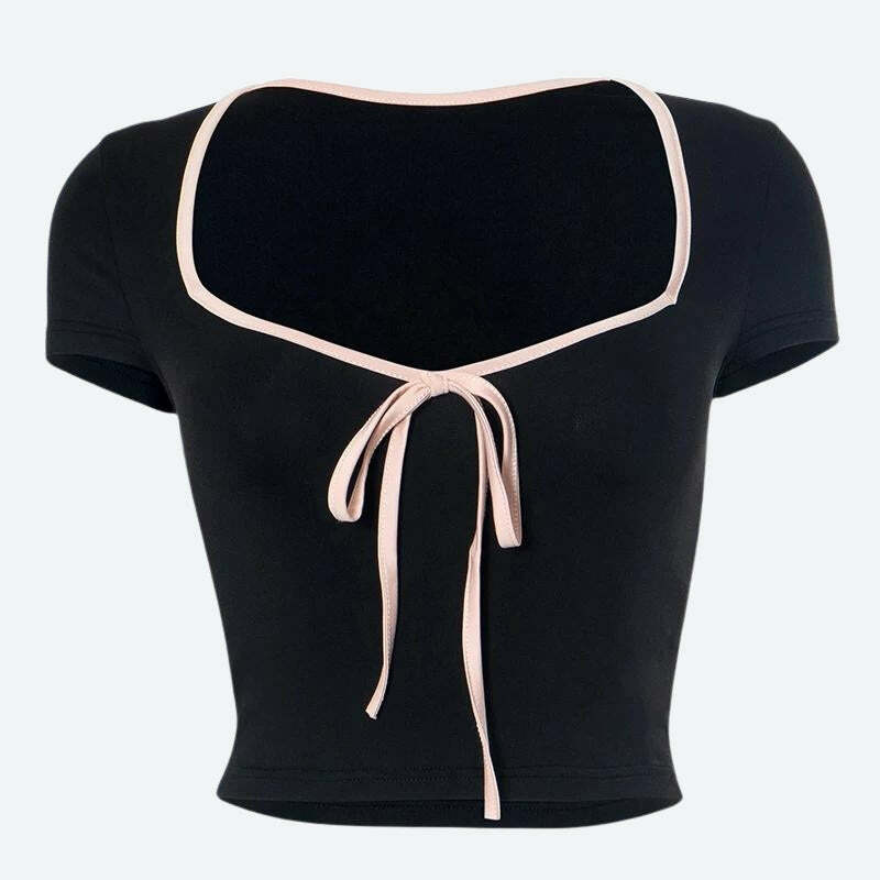 Y2K Sweetheart Neckline Bow Top - Cute Soft Girl Summer Style