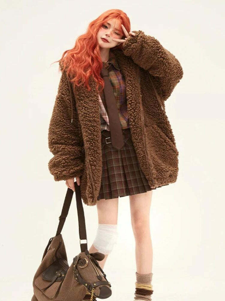 Y2K Teddy Bear Jacket: Cozy Grunge Style for Summer Outfits