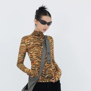 Y2K Tiger Mesh Top: Trendy Grunge Style for Summer Y2K Outfits