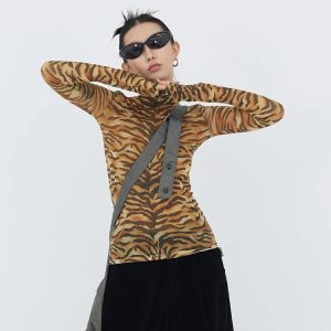 Y2K Tiger Mesh Top: Trendy Grunge Style for Summer Y2K Outfits