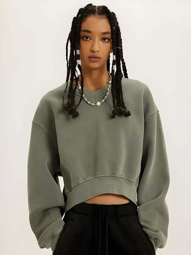 Y2K V-Neck Drop Shoulder Cropped Sweatshirt for Trendy Summer Outfits