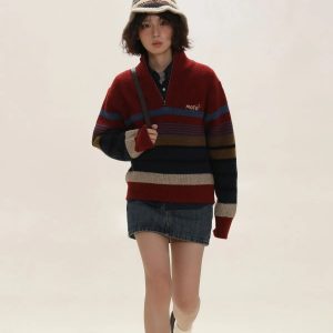 Y2K Vintage Aesthetic Knitted Zip Sweater for Retro Summer Outfits