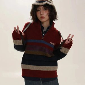 Y2K Vintage Aesthetic Knitted Zip Sweater for Retro Summer Outfits