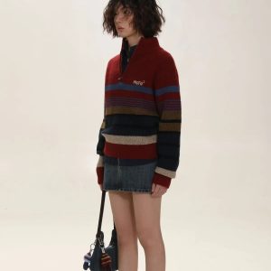 Y2K Vintage Aesthetic Knitted Zip Sweater for Retro Summer Outfits