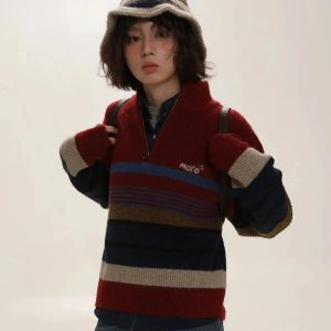 Y2K Vintage Aesthetic Knitted Zip Sweater for Retro Summer Outfits