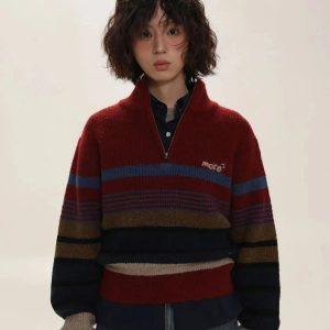 Y2K Vintage Aesthetic Knitted Zip Sweater for Retro Summer Outfits