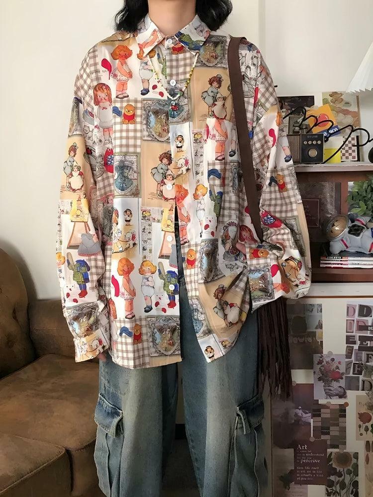 Y2K Vintage Cartoon Oversized Shirt - Retro 90s Grunge Style Top