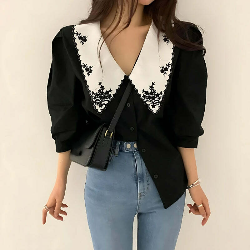 Y2K Vintage Embroidered Collar Shirt - Retro 90s Grunge Style Top