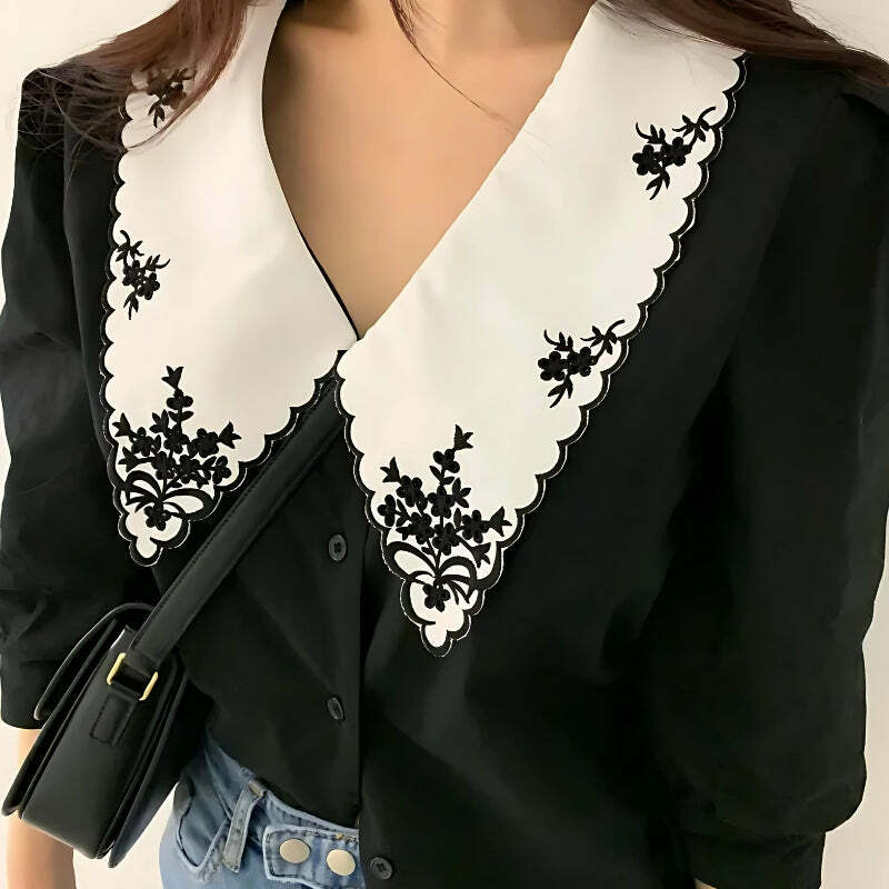 Y2K Vintage Embroidered Collar Shirt - Retro 90s Grunge Style Top