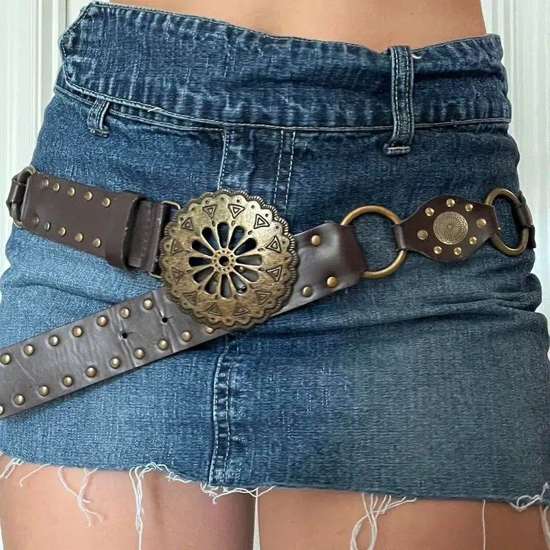 Y2K Vintage Ethnic Buckle Belt for Retro Summer Outfits and Grunge Fits