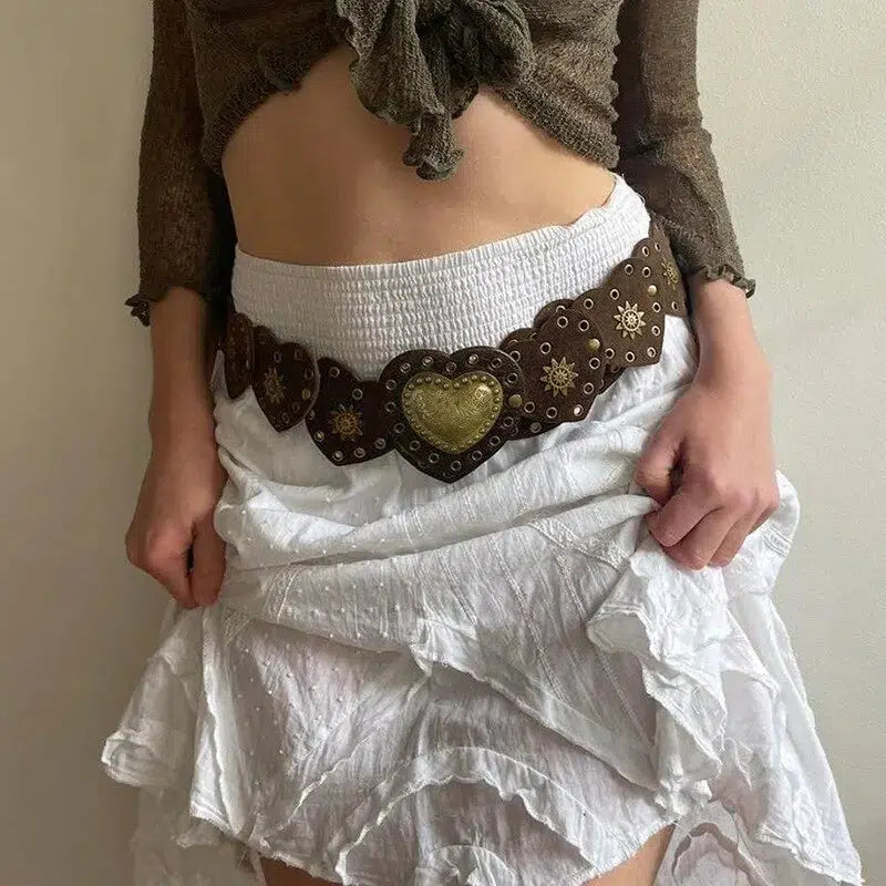 Y2K Vintage Ethnic Heart Suede Belt for Retro Summer Outfits