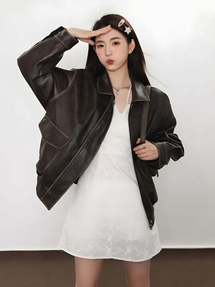 Y2K Vintage Faux Leather Jacket for Retro Grunge Summer Outfits