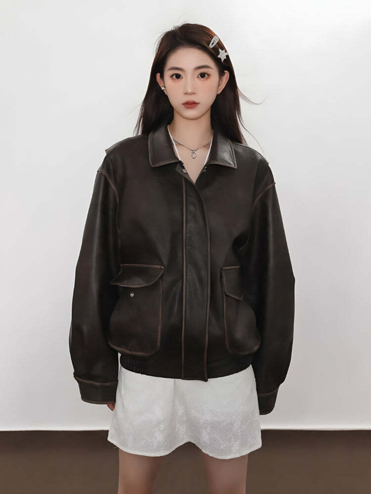 Y2K Vintage Faux Leather Jacket for Retro Grunge Summer Outfits