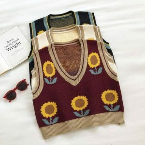 Y2K Vintage Flower Sleeveless Sweater - Retro Summer Outfit Essential