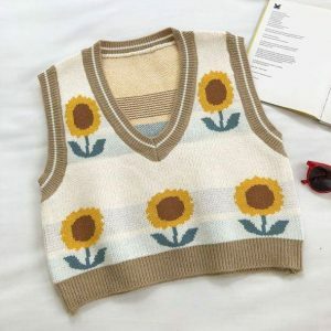 Y2K Vintage Flower Sleeveless Sweater - Retro Summer Outfit Essential