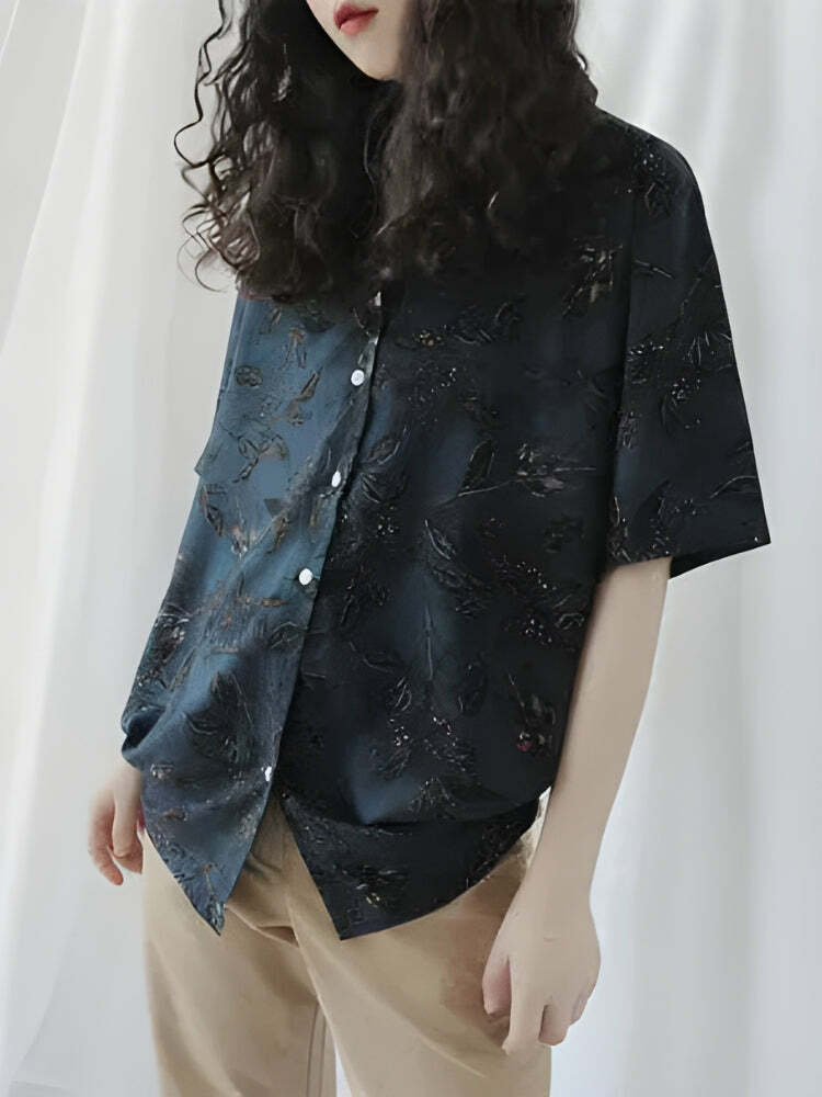 Y2K Vintage Leaf Print Shirt - Retro 90s Grunge Summer Outfit