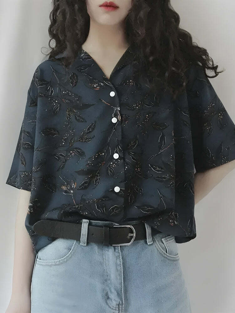 Y2K Vintage Leaf Print Shirt - Retro 90s Grunge Summer Outfit