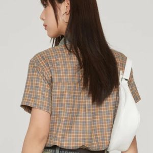 Y2K Vintage Plaid Crop Shirt - Retro 90s Grunge Summer Outfit Essential