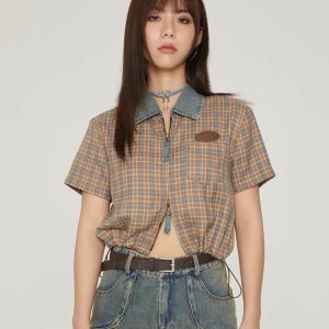 Y2K Vintage Plaid Crop Shirt - Retro 90s Grunge Summer Outfit Essential