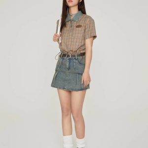 Y2K Vintage Plaid Crop Shirt - Retro 90s Grunge Summer Outfit Essential