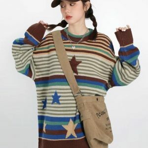 Y2K Vintage Star Printed Knit Sweater for Retro Summer Outfits