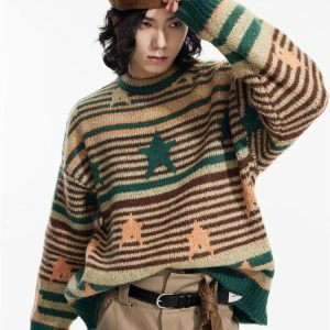 Y2K Vintage Striped Knitted Sweater with Star Details for Retro Style