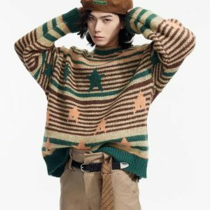 Y2K Vintage Striped Knitted Sweater with Star Details for Retro Style