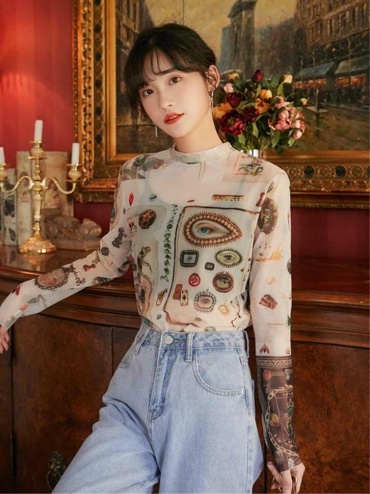 Y2K Vintage Symbols Sheer Top for Trendy Summer Outfits