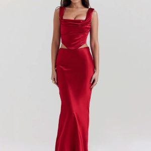 Y2K Wine Satin Corset Top & Maxi Skirt Set for Summer Parties