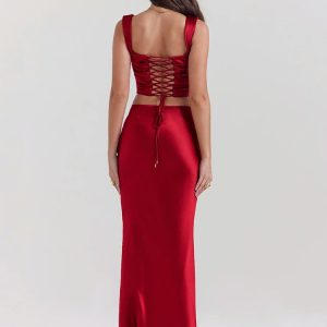 Y2K Wine Satin Corset Top & Maxi Skirt Set for Summer Parties